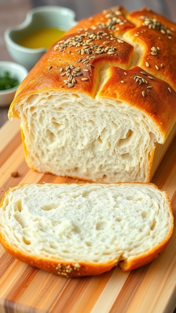 Sliced gluten-free bread on a wooden board, showcasing its fluffy texture and golden crust.